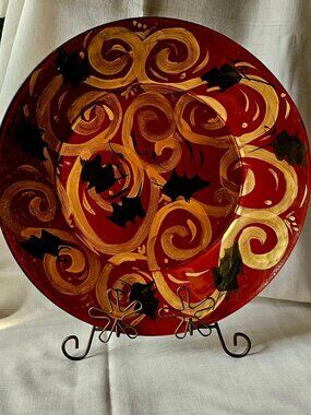 Hand-painted Red, black Gold Swirls 13" ceramic Charger Plate decorative accent